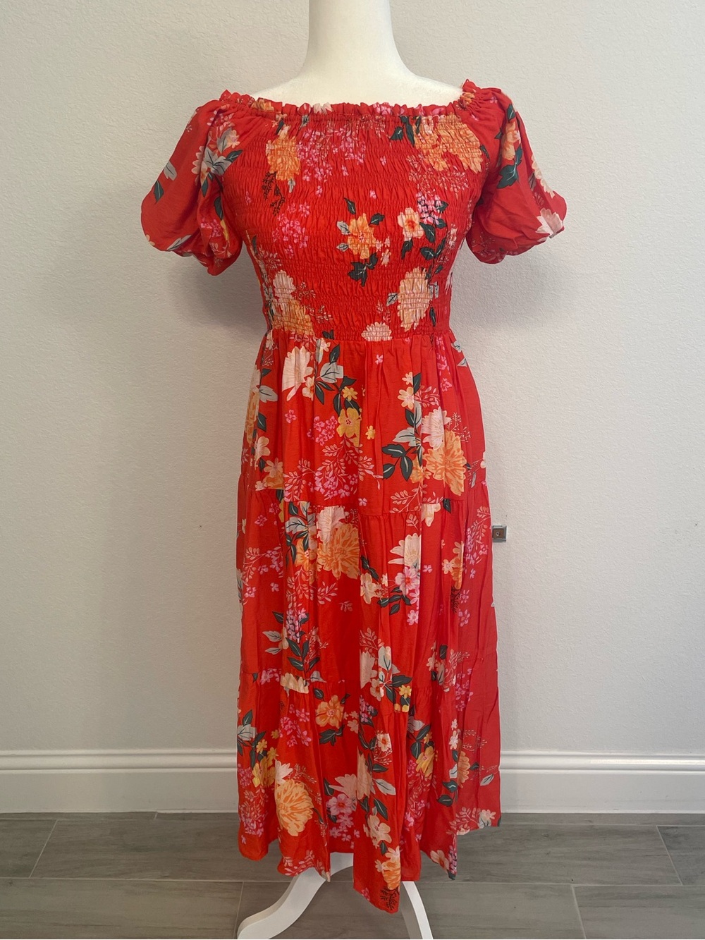 Red floral smocked midi dress
